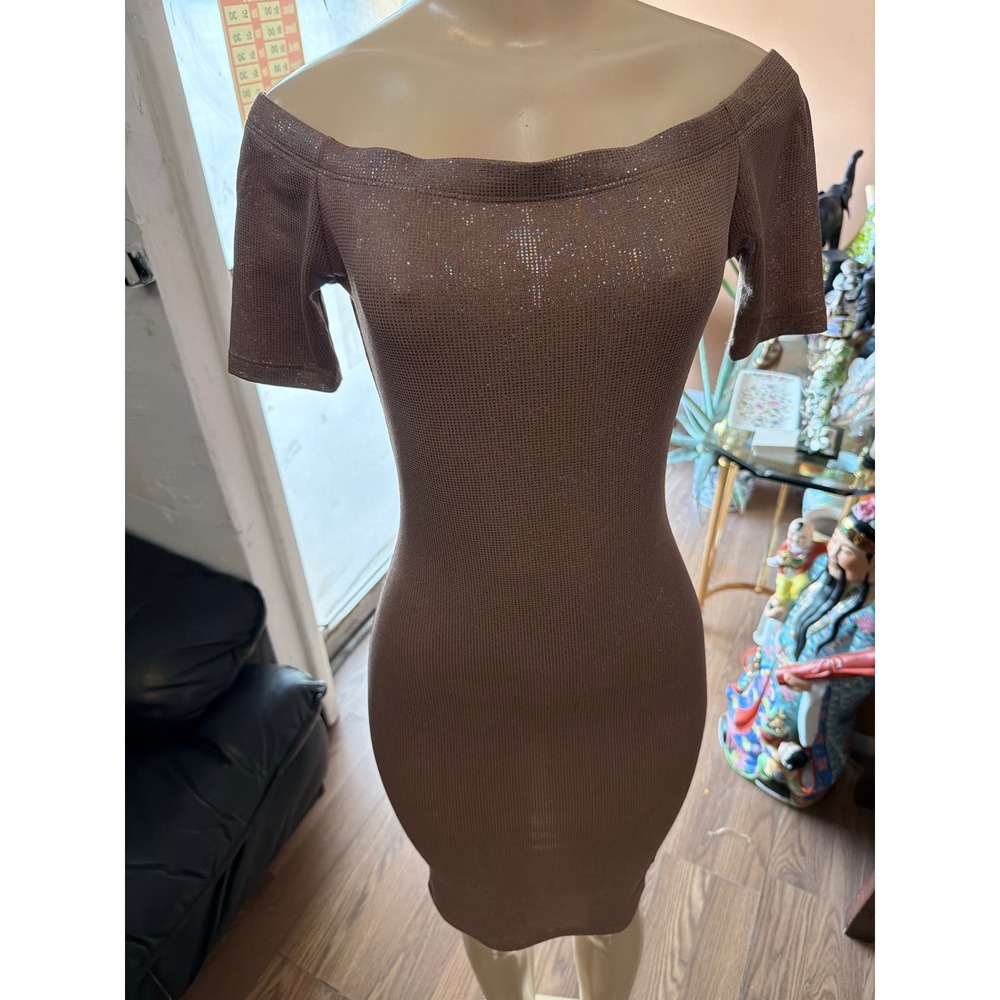 Lette‎ USA Shimmer Off The Shoulder Bodycon Dress Mauve Brown Metallic Mini S